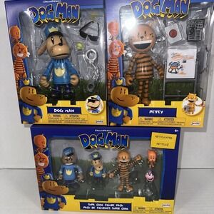 Dog Man Movie 5 Inch Dog Man & Petey Figures With Supa Cool 5 Pack Set NEW. NIB.